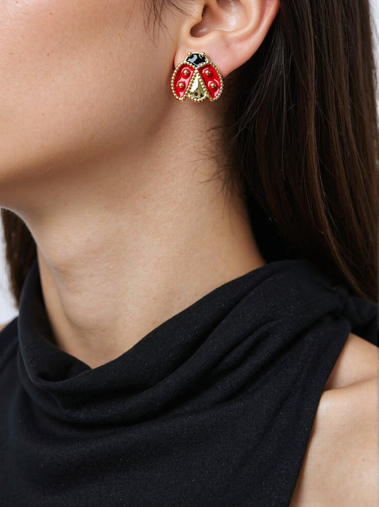 🐞✨ ARETES MARIQUITA ROJA CON PIEDRAS DORADAS – INSECTS COLLECTION ✨🐞